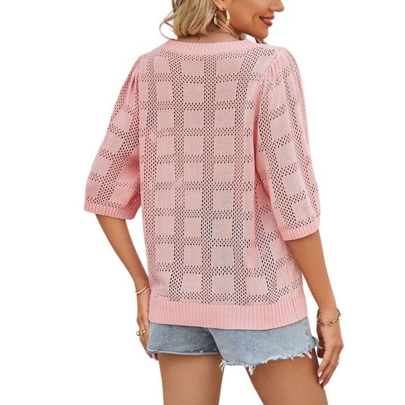 C.CLINE Pink Square Openwork Half Sleeve Hi Low Top Size L - Picture 5 of 6